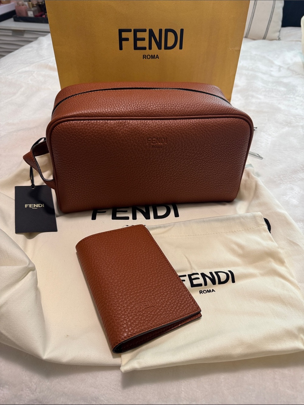 Fendi Brown Leather Dopp Kit Toiletry Pouch with Passport Holder Travel Kit